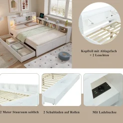 Lit Double 140x200 cm - avec Rangement, Tiroirs sous le Lit, Chargeur et Lumière Intégrée, en MDF Blanc, Sans Matelas