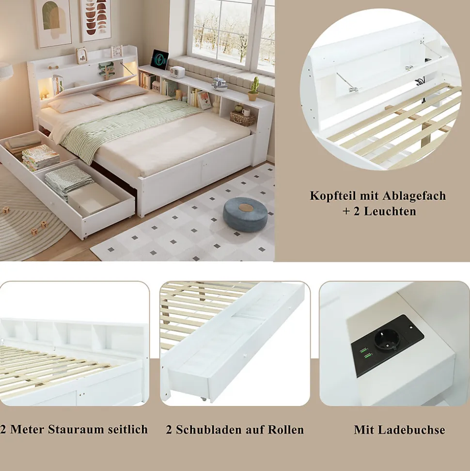 Lit Double 140x200 cm - avec Rangement, Tiroirs sous le Lit, Chargeur et Lumière Intégrée, en MDF Blanc, Sans Matelas