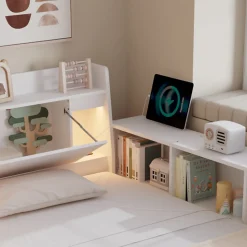 Lit Double 140x200 cm - avec Rangement, Tiroirs sous le Lit, Chargeur et Lumière Intégrée, en MDF Blanc, Sans Matelas