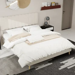 Lit Double 160x200 cm - avec Tête de Lit Douce et Base Basse Anti-Poussière, Cadre Confortable, en Velours, Beige, Sans Matelas