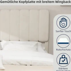 Lit Double 160x200 cm - avec Tête de Lit Douce et Base Basse Anti-Poussière, Cadre Confortable, en Velours, Beige, Sans Matelas