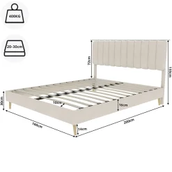 Lit Double 160x200 cm - avec Tête de Lit Douce et Base Basse Anti-Poussière, Cadre Confortable, en Velours, Beige, Sans Matelas