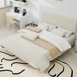 Lit Double 140x200 cm - avec Tête de Lit Douce et Base Basse Anti-Poussière, Cadre Confortable, en Velours, Beige, Sans Matelas