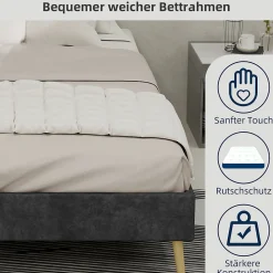 Lit Double 140x200 cm - Cadre Minimaliste Moderne à Structure Basse, Sans Tête de Lit, Sans Matelas, en Velours Hollandais, Gris