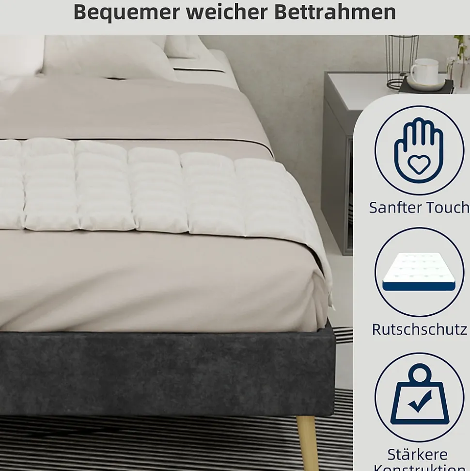 Lit Double 140x200 cm - Cadre Minimaliste Moderne à Structure Basse, Sans Tête de Lit, Sans Matelas, en Velours Hollandais, Gris