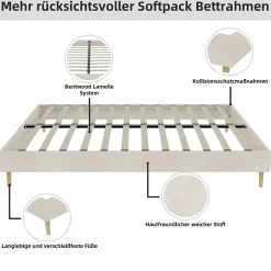 Lit Double 140x200 cm - Cadre Moderne, Revêtement en Velours, sans Matelas, Beige