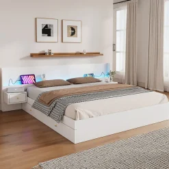 Lit Double 180x200 cm 2 Chevets avec USB, Éclairage LED, Prise et Contrôle Via App Mobile, 4 Tiroirs, Blanc, Pin, Sans Matelas
