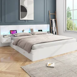 Lit Double 180x200 cm 2 Chevets avec USB, Éclairage LED, Prise et Contrôle Via App Mobile, 4 Tiroirs, Blanc, Pin, Sans Matelas