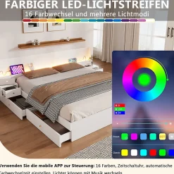 Lit Double 180x200 cm 2 Chevets avec USB, Éclairage LED, Prise et Contrôle Via App Mobile, 4 Tiroirs, Blanc, Pin, Sans Matelas