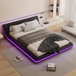Lit Double 140x200 cm - Éclairage LED avec Télécommande 24 Touches - PU et MDF - Noir - Sans Matelas