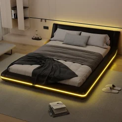 Lit Double 140x200 cm - Éclairage LED avec Télécommande 24 Touches - PU et MDF - Noir - Sans Matelas