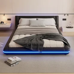 Lit Double 140x200 cm - Éclairage LED avec Télécommande 24 Touches - PU et MDF - Noir - Sans Matelas