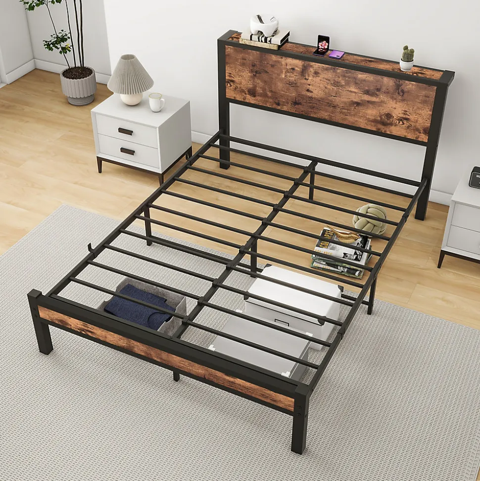 Lit Double 140x200 cm - Lit Ado Métal avec Tête de Lit Rangement, MDF, Marron - Solide et Silencieux - Sans Matelas