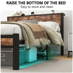 Lit Double 140x200 cm - Lit Ado Métal avec Tête de Lit Rangement, MDF, Marron - Solide et Silencieux - Sans Matelas