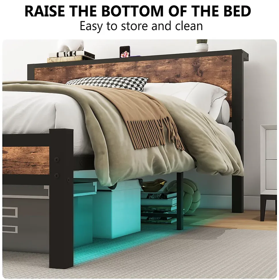 Lit Double 140x200 cm - Lit Ado Métal avec Tête de Lit Rangement, MDF, Marron - Solide et Silencieux - Sans Matelas