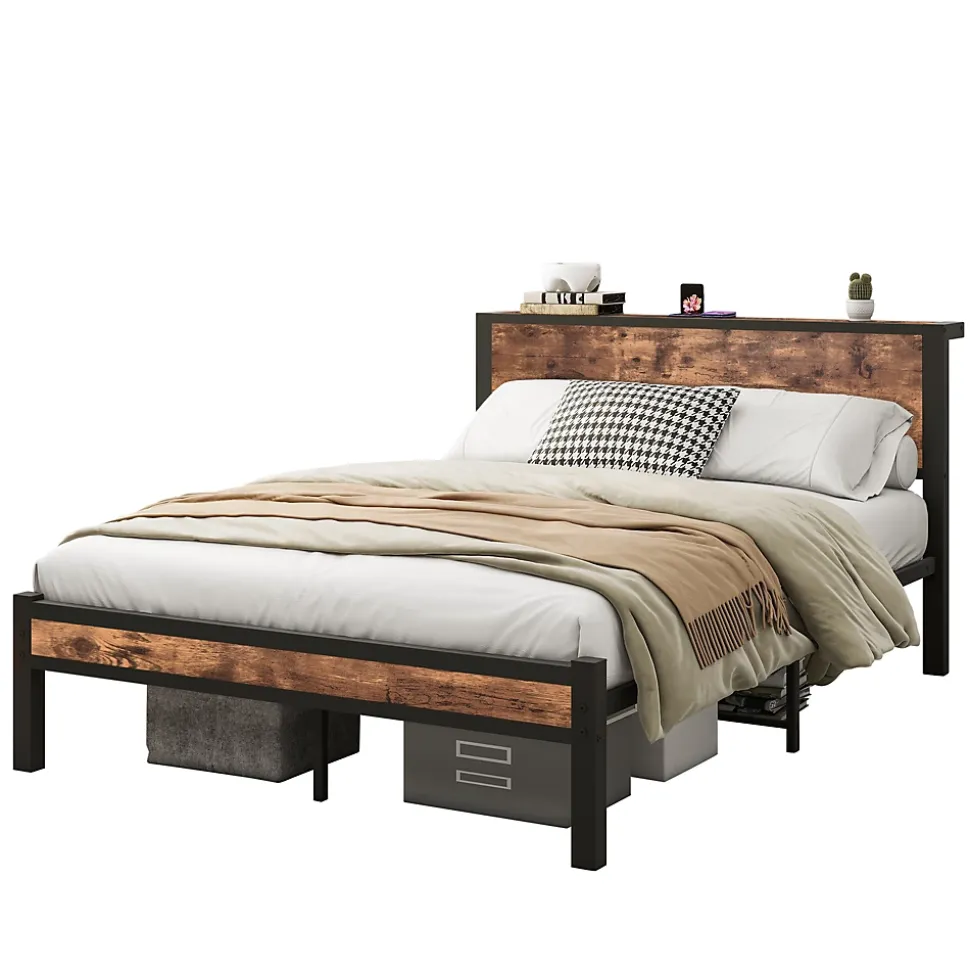 Lit Double 140x200 cm - Lit Ado Métal avec Tête de Lit Rangement, MDF, Marron - Solide et Silencieux - Sans Matelas