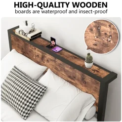 Lit Double 140x200 cm - Lit Ado Métal avec Tête de Lit Rangement, MDF, Marron - Solide et Silencieux - Sans Matelas