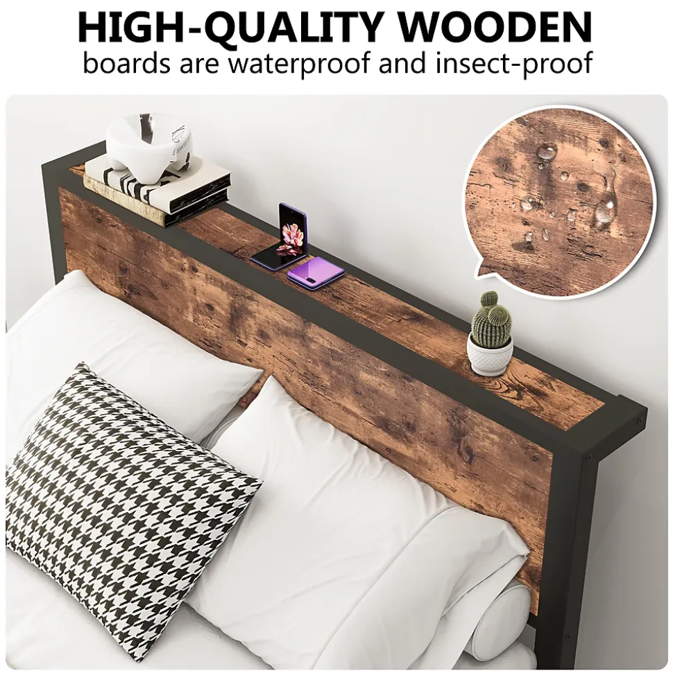 Lit Double 140x200 cm - Lit Ado Métal avec Tête de Lit Rangement, MDF, Marron - Solide et Silencieux - Sans Matelas