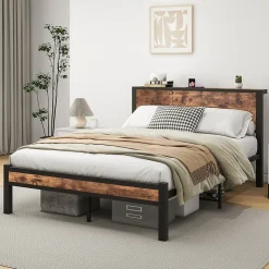 Lit Double 140x200 cm - Lit Ado Métal avec Tête de Lit Rangement, MDF, Marron - Solide et Silencieux - Sans Matelas