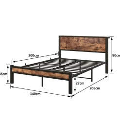 Lit Double 140x200 cm - Lit Ado Métal avec Tête de Lit Rangement, MDF, Marron - Solide et Silencieux - Sans Matelas