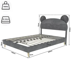Lit Double 140x200 cm - Lit Adulte avec Tête Cartoon Capitonnée et Cadre Bas, Velours Gris, sans Matelas