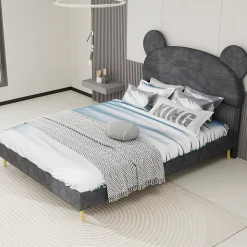 Lit Double 140x200 cm - Lit Adulte avec Tête Cartoon Capitonnée et Cadre Bas, Velours Gris, sans Matelas