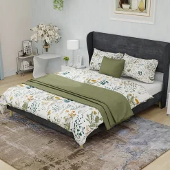 Lit Double 140x200 cm - Lit Adulte avec Tête de Lit Douce et Base Basse, Lit Capitonné Moderne, en Velours Gris, Sans Matelas