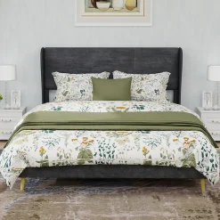 Lit Double 140x200 cm - Lit Adulte avec Tête de Lit Douce et Base Basse, Lit Capitonné Moderne, en Velours Gris, Sans Matelas