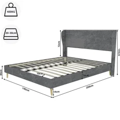 Lit Double 140x200 cm - Lit Adulte avec Tête de Lit Douce et Base Basse, Lit Capitonné Moderne, en Velours Gris, Sans Matelas