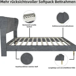 Lit Double 140x200 cm - Lit Adulte avec Tête de Lit Douce et Base Basse, Lit Capitonné Moderne, en Velours Gris, Sans Matelas
