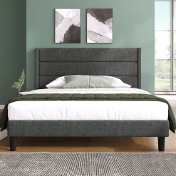 Lit double 140x200 cm - Lit adulte double capitonné avec sommier à lattes - Lin - Sans Matelas - Gris Foncé