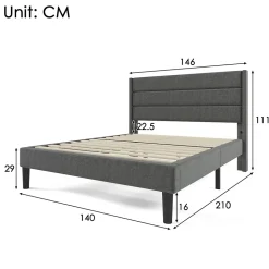 Lit double 140x200 cm - Lit adulte double capitonné avec sommier à lattes - Lin - Sans Matelas - Gris Foncé