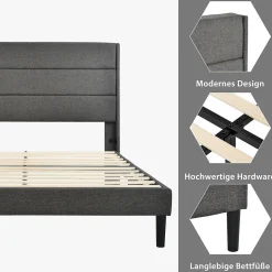 Lit double 140x200 cm - Lit adulte double capitonné avec sommier à lattes - Lin - Sans Matelas - Gris Foncé