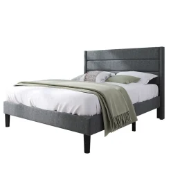 Lit double 140x200 cm - Lit adulte double capitonné avec sommier à lattes - Lin - Sans Matelas - Gris Foncé