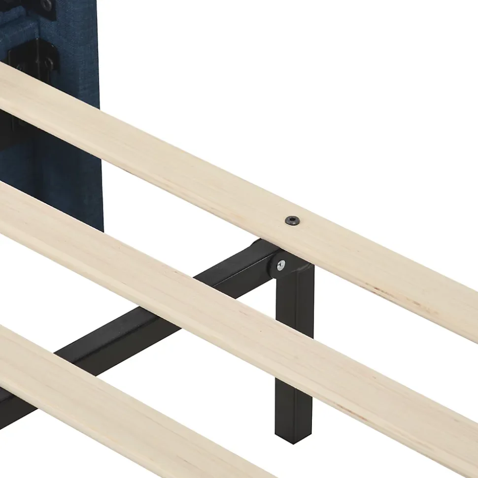 Lit double 140x200 cm - Lit adulte capitonné avec sommier à lattes - Lin - Sans Matelas - Bleu