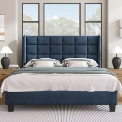 Lit double 140x200 cm - Lit adulte capitonné avec sommier à lattes - Lin - Sans Matelas - Bleu