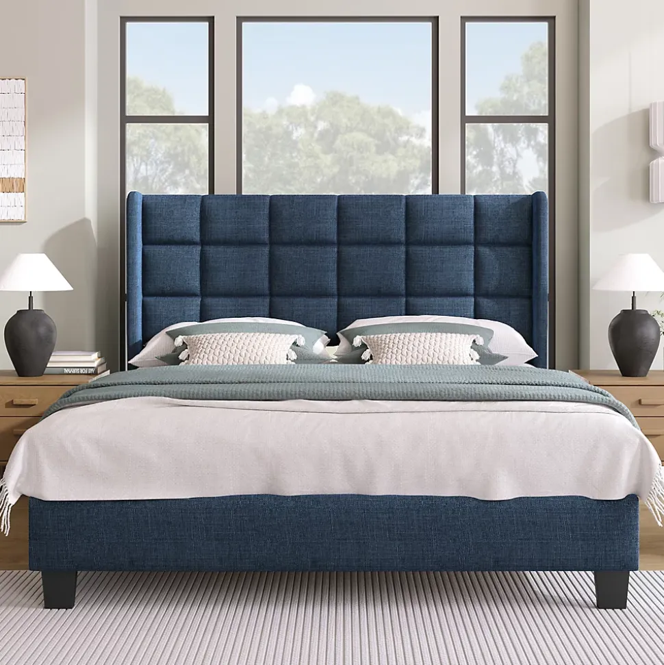 Lit double 140x200 cm - Lit adulte capitonné avec sommier à lattes - Lin - Sans Matelas - Bleu