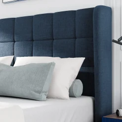 Lit double 140x200 cm - Lit adulte capitonné avec sommier à lattes - Lin - Sans Matelas - Bleu