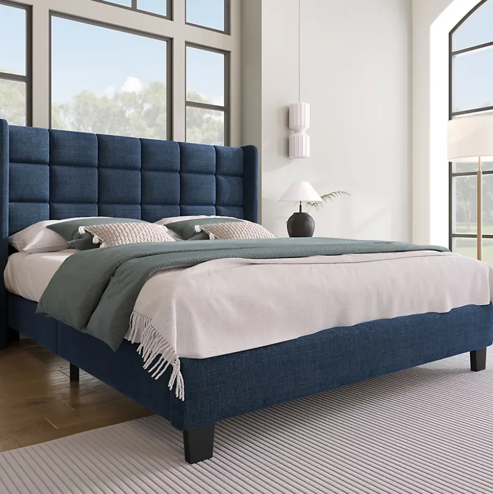 Lit double 140x200 cm - Lit adulte capitonné avec sommier à lattes - Lin - Sans Matelas - Bleu