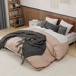 Lit Double 160x200 cm - Lit Adulte et Ado, Cadre Bas Minimaliste et Confortable, Sans Tête de Lit, Beige