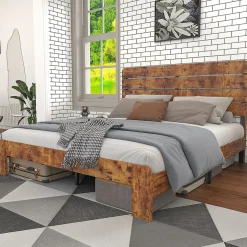 Lit Double 140x200 cm - Lit Adulte en Bois avec Cadre Métal Robuste - Style Industriel - Sans Matelas - Marron