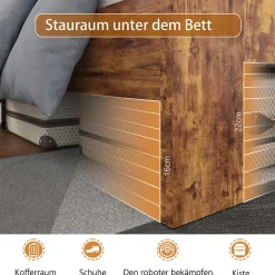 Lit Double 140x200 cm - Lit Adulte en Bois avec Cadre Métal Robuste - Style Industriel - Sans Matelas - Marron