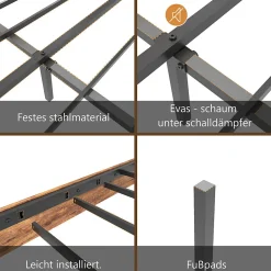 Lit Double 140x200 cm - Lit Adulte en Bois avec Cadre Métal Robuste - Style Industriel - Sans Matelas - Marron