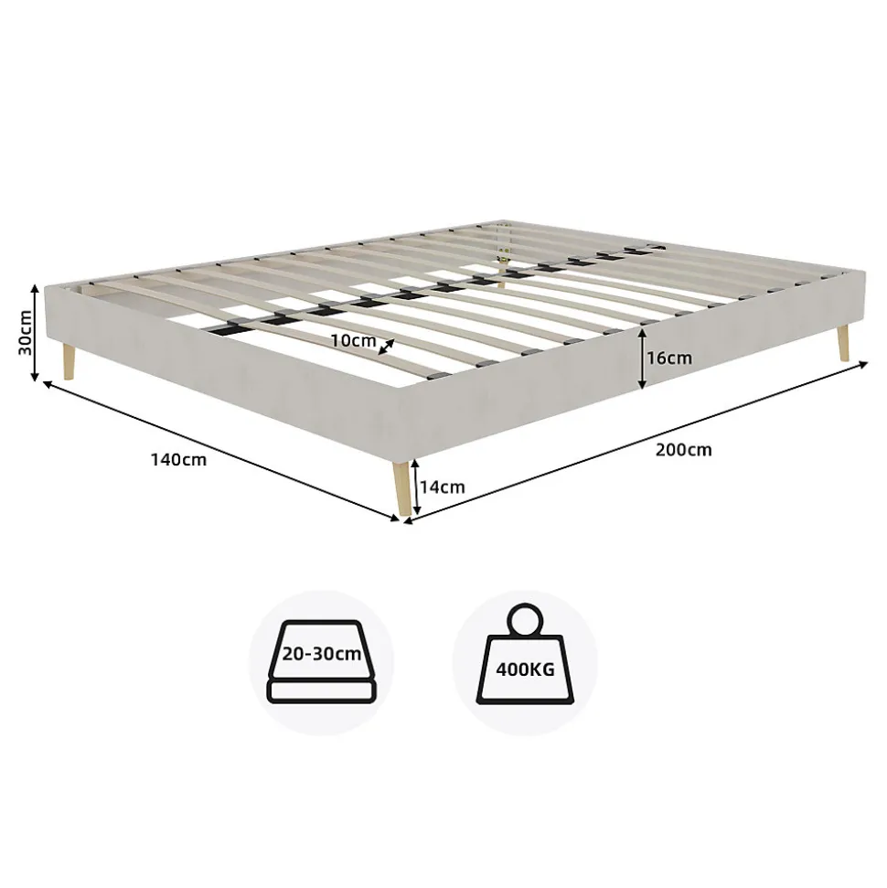 Lit Double 140x200 cm - Lit Adulte et Ado, Cadre Bas Minimaliste et Confortable, Sans Tête de Lit, Structure Robuste, Beige