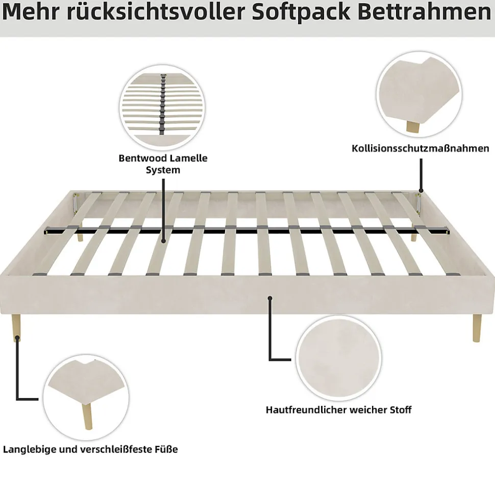 Lit Double 140x200 cm - Lit Adulte et Ado, Cadre Bas Minimaliste et Confortable, Sans Tête de Lit, Structure Robuste, Beige
