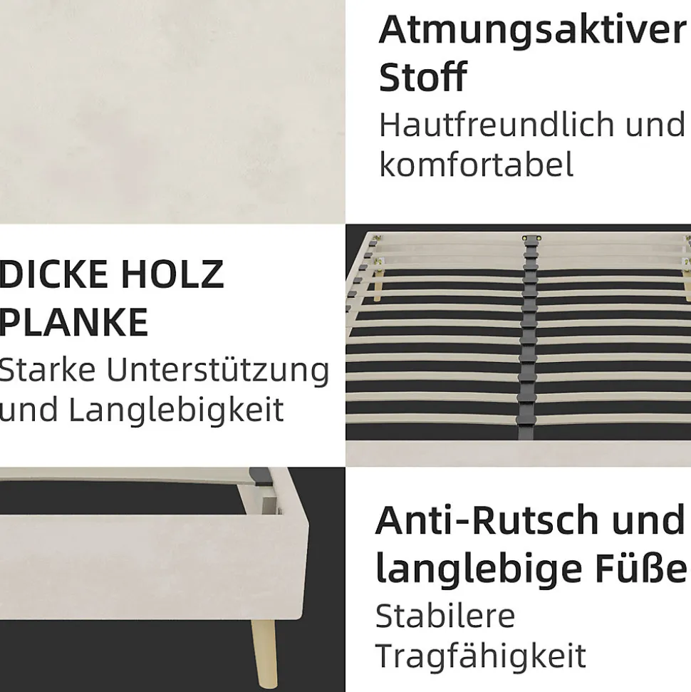 Lit Double 140x200 cm - Lit Adulte et Ado, Cadre Bas Minimaliste et Confortable, Sans Tête de Lit, Structure Robuste, Beige