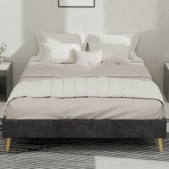 Lit Double 140x200 cm - Lit Adulte Minimaliste et Stable, Sans Tête de Lit et Sans Vérin, Sans Matelas, en Velours Hollandais Gris