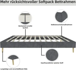 Lit Double 140x200 cm - Lit Adulte Minimaliste et Stable, Sans Tête de Lit et Sans Vérin, Sans Matelas, en Velours Hollandais Gris