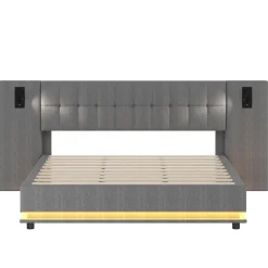 Lit Double 180x200 cm - Lit Adulte Rembourré avec Tête de Lit LED et Prise USB - Lin + MDF - Sans Matelas - Gris