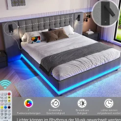 Lit Double 180x200 cm - Lit Adulte Rembourré avec Tête de Lit LED et Prise USB - Lin + MDF - Sans Matelas - Gris